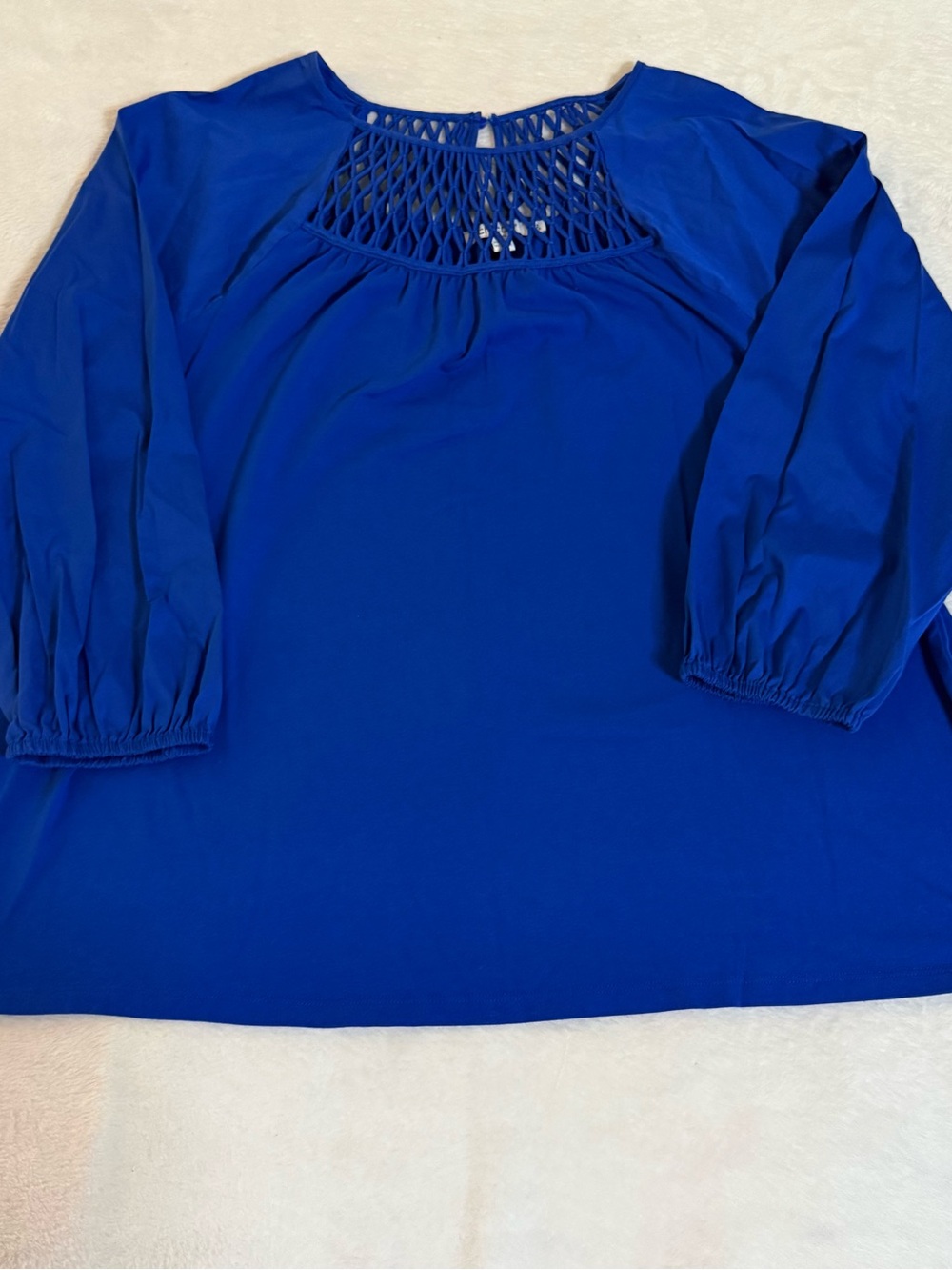 Chico’s Size 2 US Large Blue Blouse Lattice Crochet Neck 3/4 Sleeve Stretch